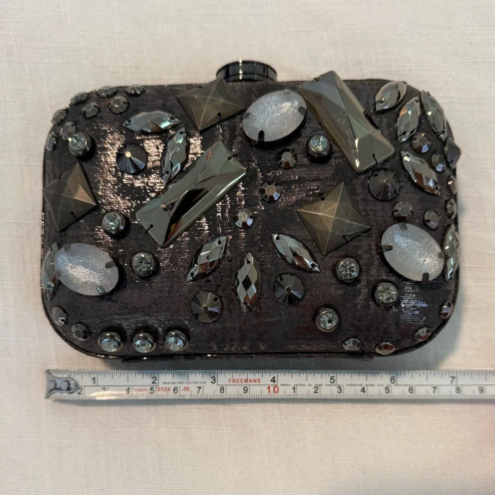 NWOT Rafe New York Minaudière Clutch Purse Graphite Embellished silver black